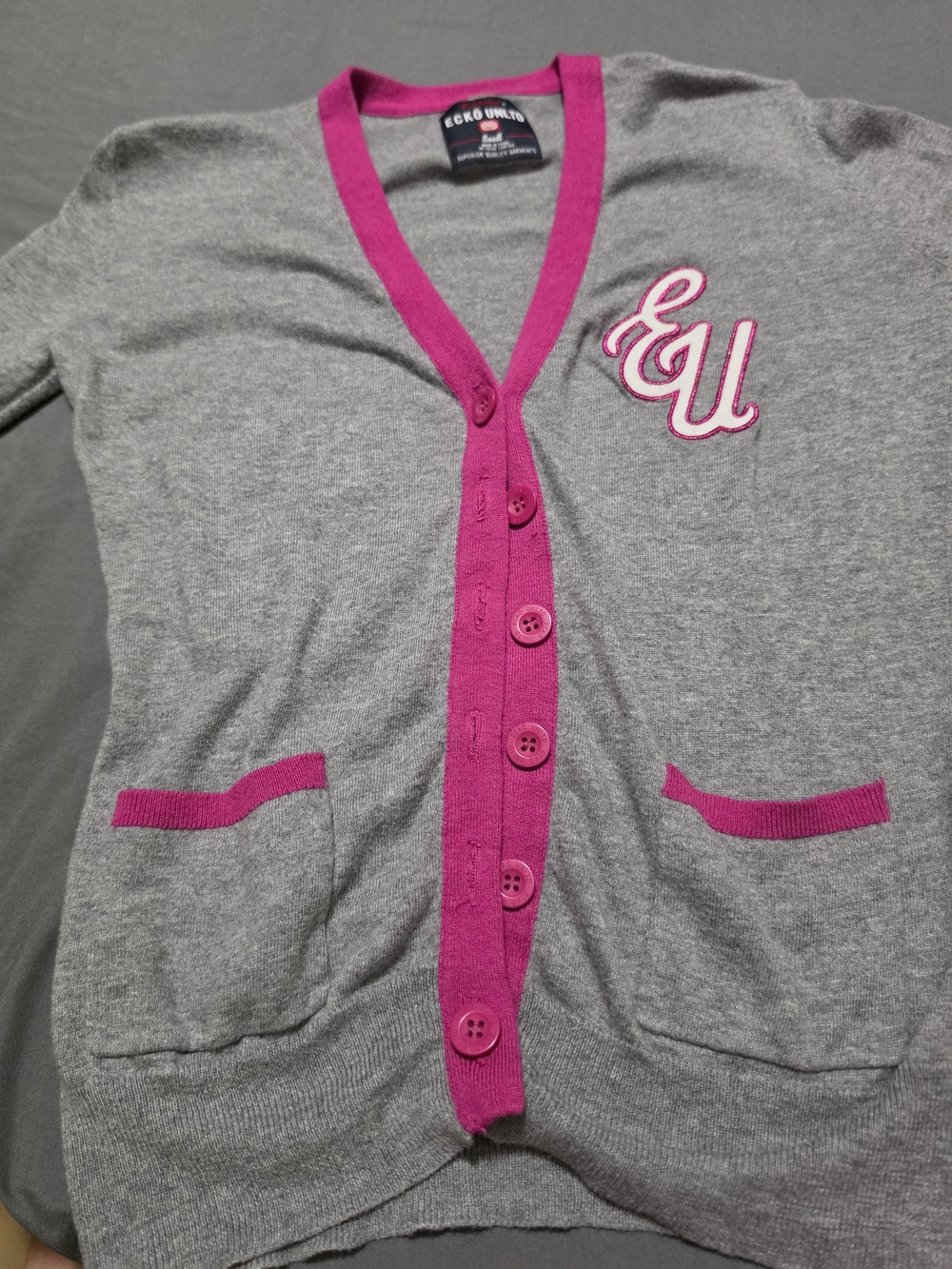 Ecko Unlimited Women’s Gray Cardigan with Pink Trim